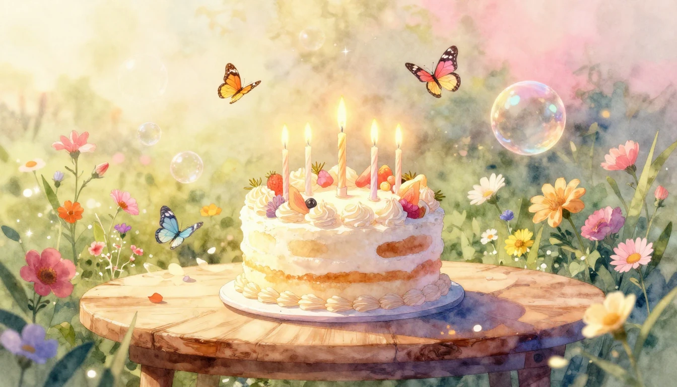 A dreamy and vibrant birthday scene in a soft watercolor sty...