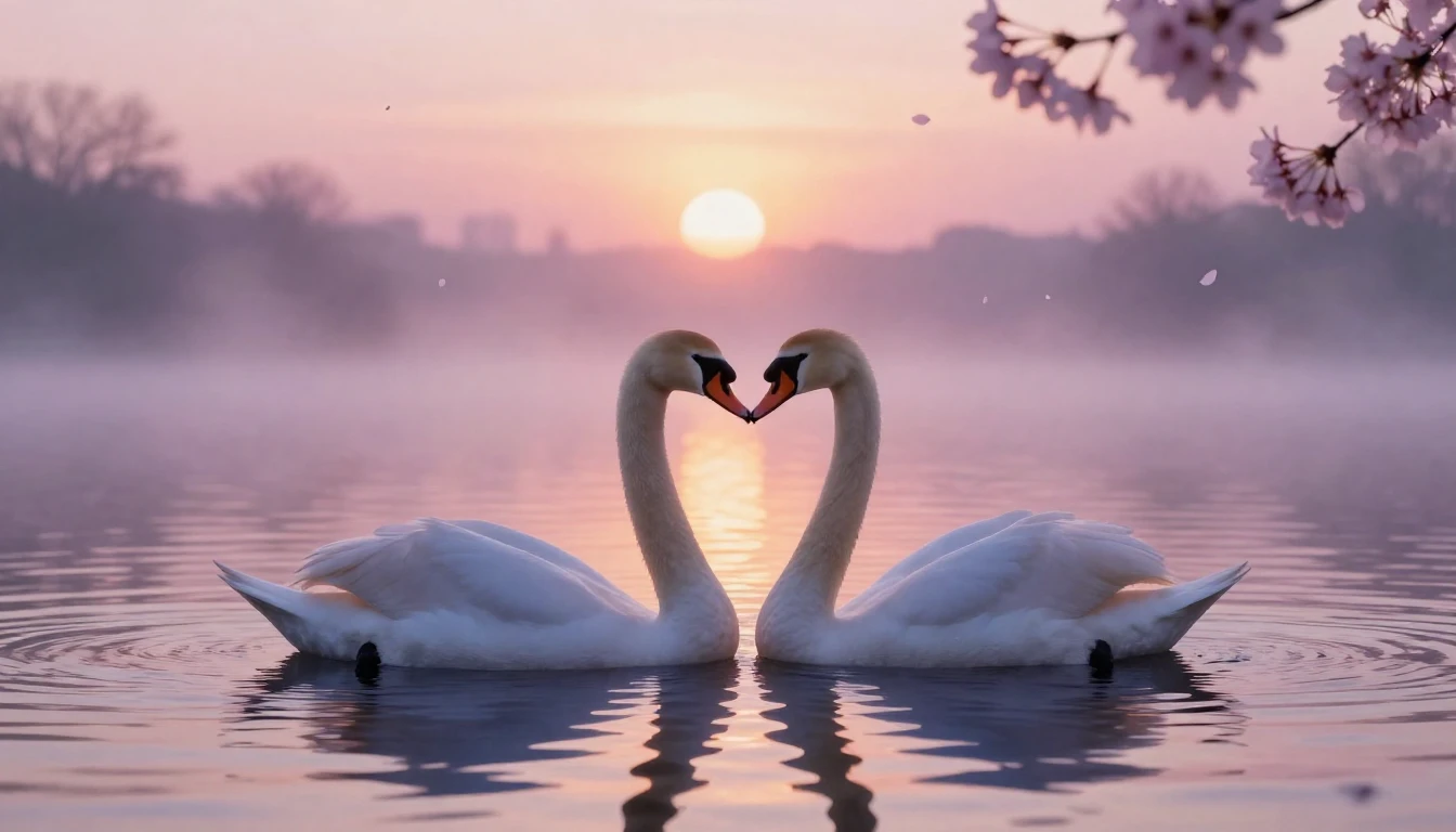Two graceful swans on a serene, misty lake at twilight, thei...