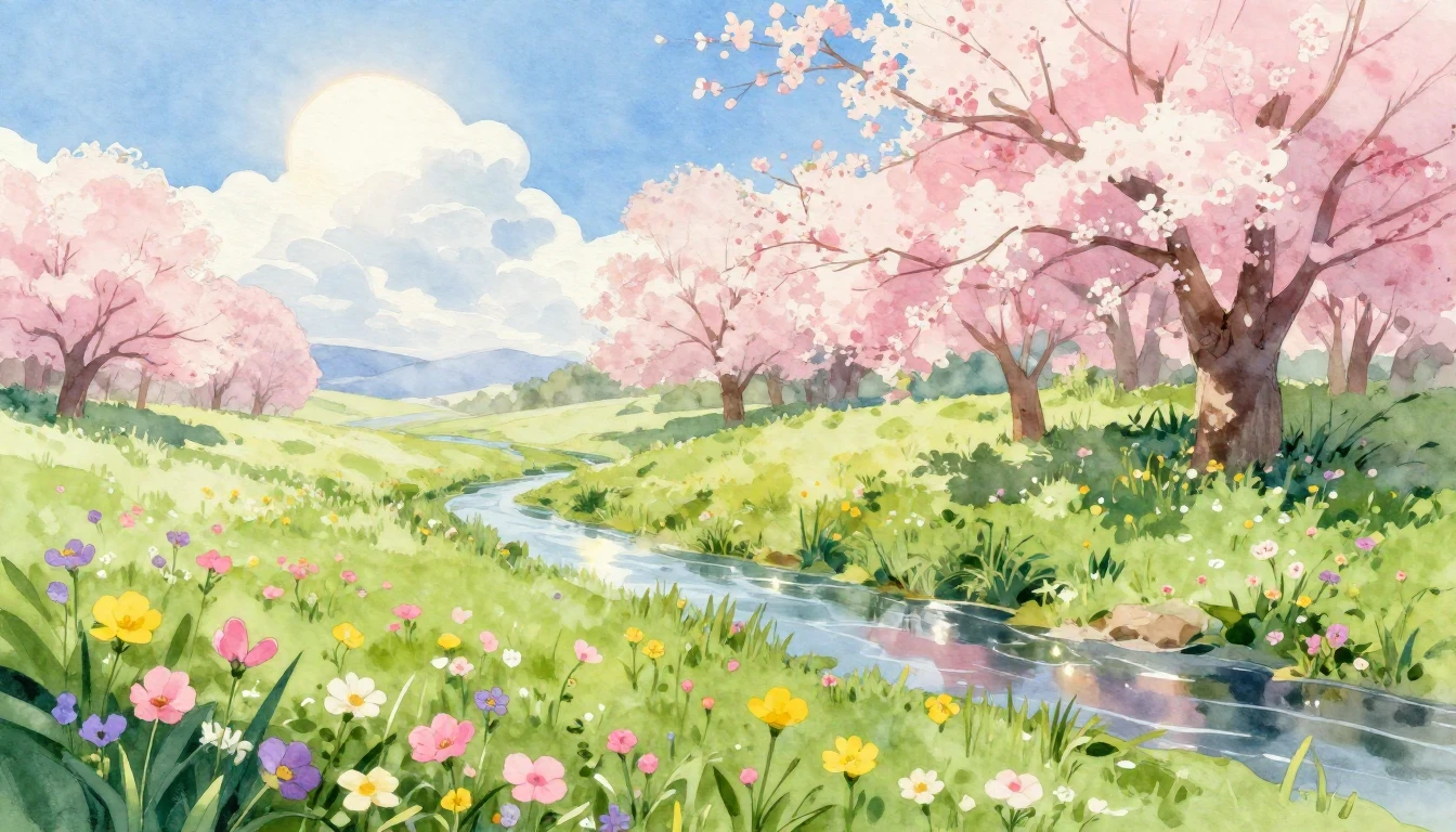 A beautiful, soft watercolor painting depicting a vibrant sp...