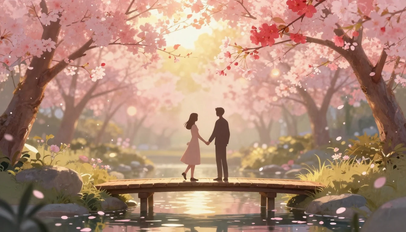 A romantic and dreamy scene featuring two stylized silhouett...