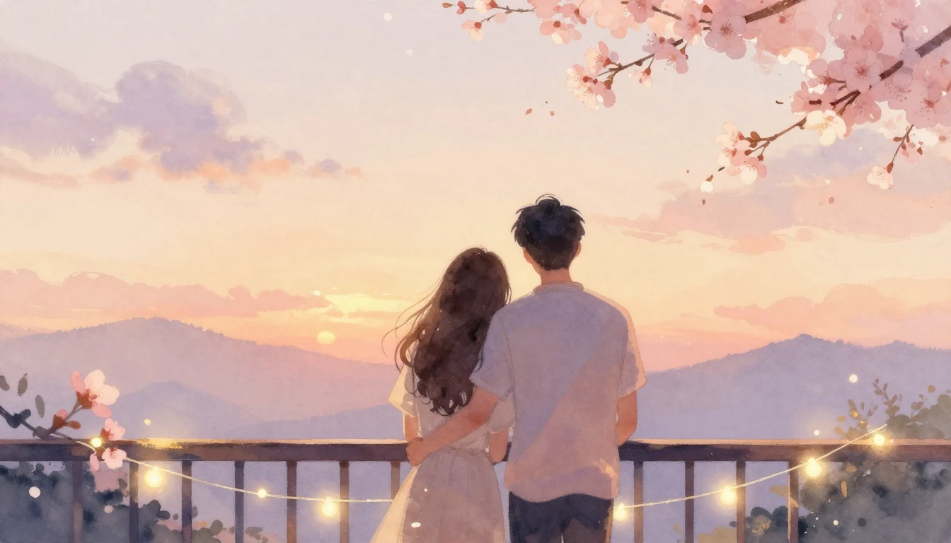 A romantic and ethereal watercolor illustration of two peopl...