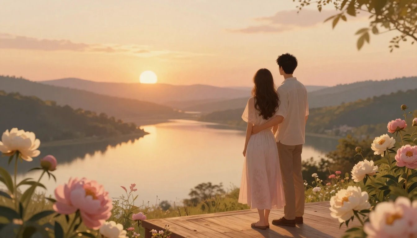 A romantic and cozy scene featuring a couple standing on a w...