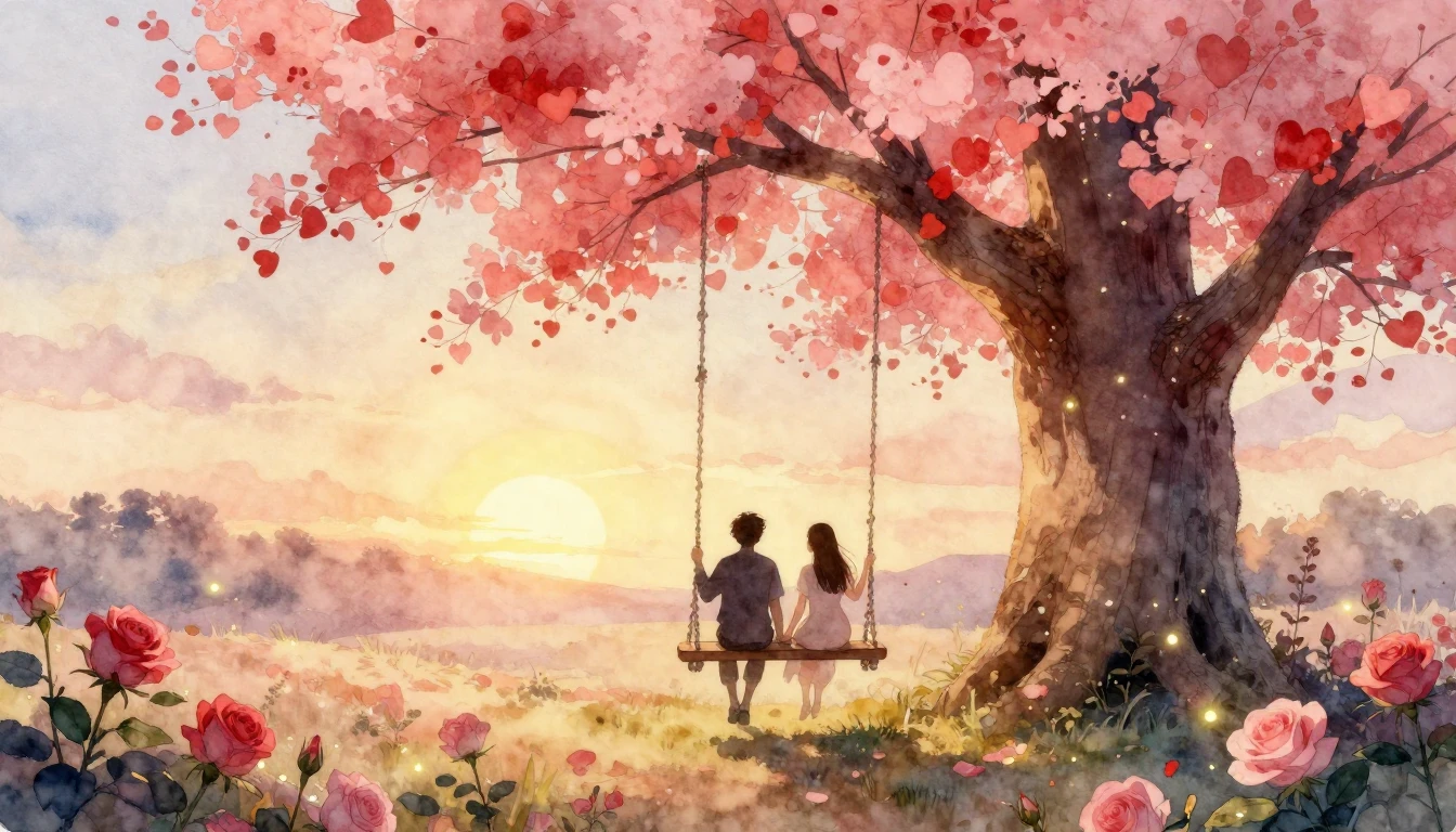 A dreamy and romantic watercolor painting depicting a couple...