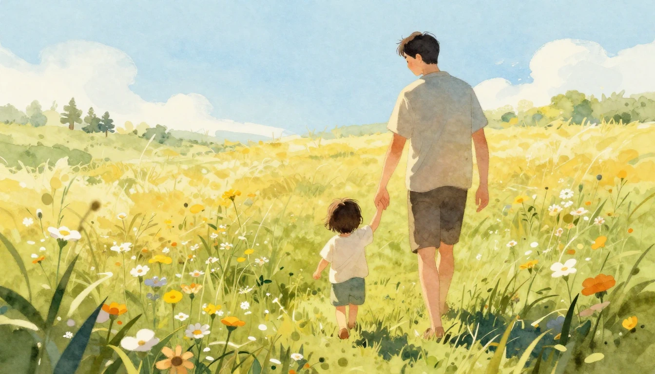 A heartwarming watercolor illustration of a father and a sma...