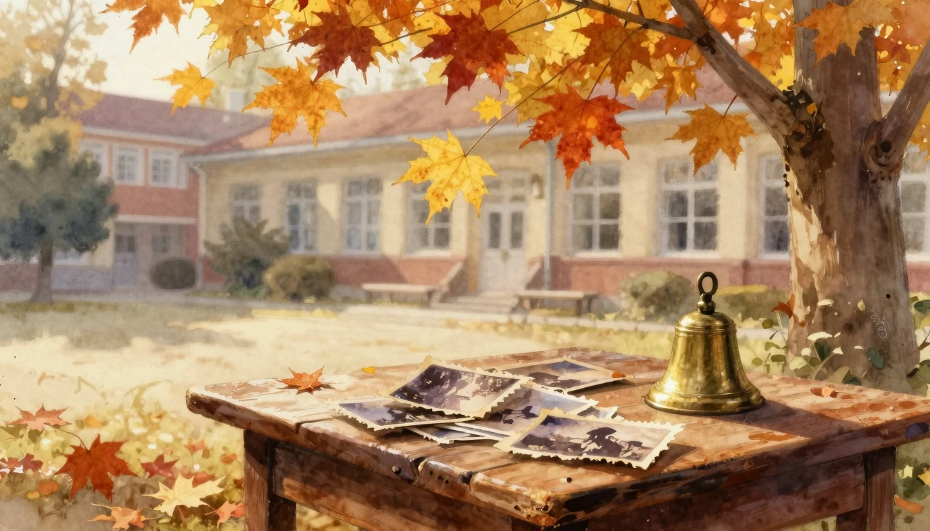 A nostalgic and warm watercolor painting of a vintage school...