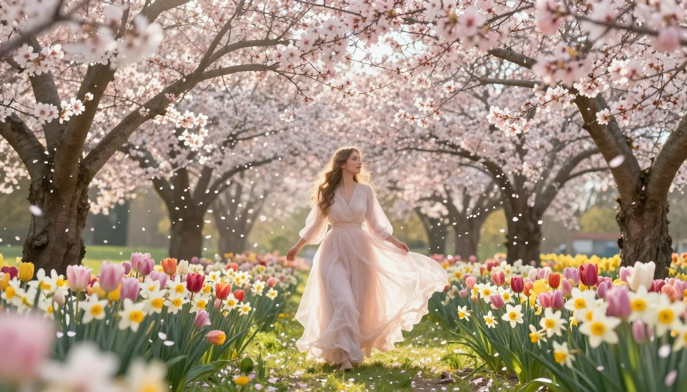 A delicate and elegant scene in a lush spring garden filled ...