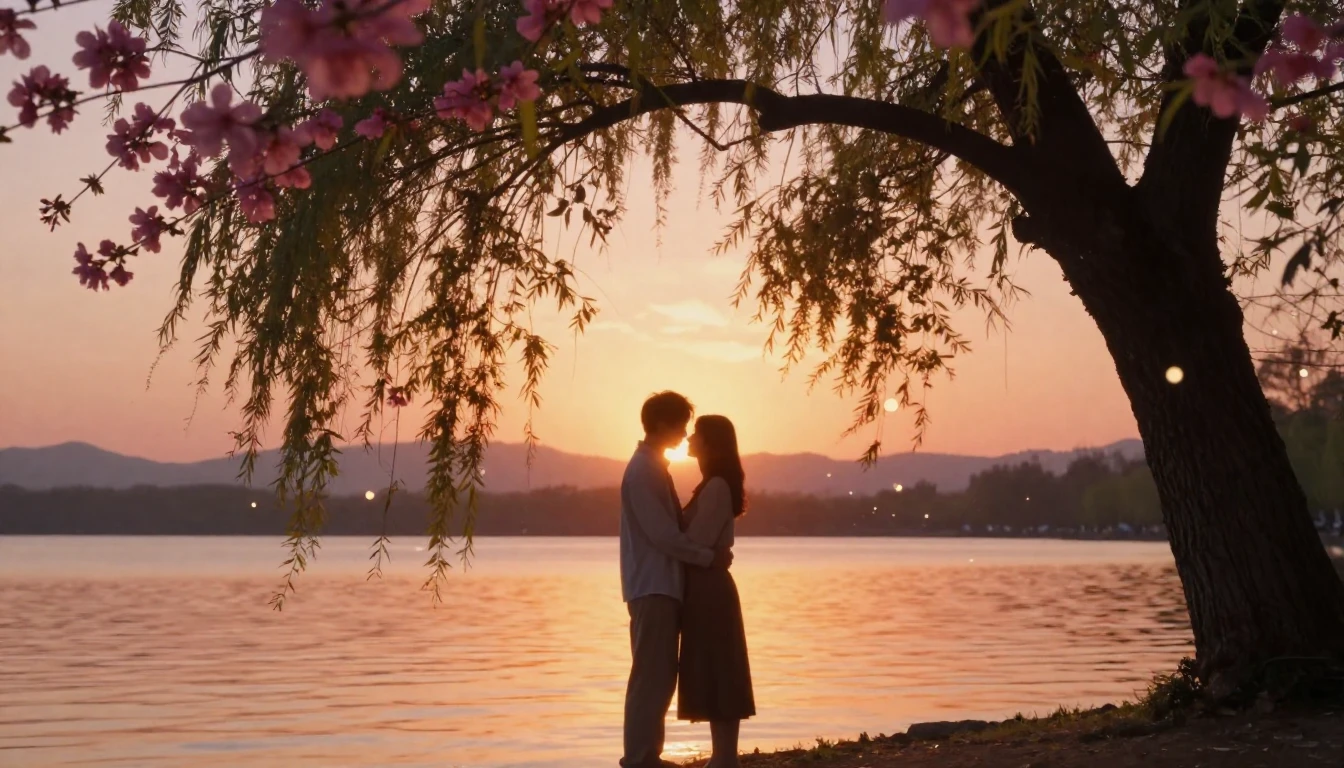 A romantic and dreamy scene of two lovers silhouetted agains...