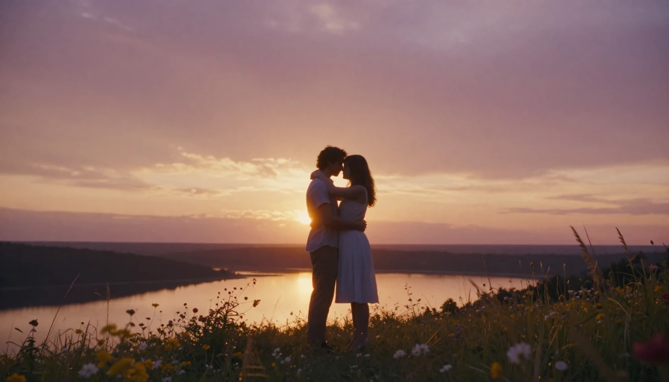 A breathtaking cinematic scene of a couple standing on a sce...