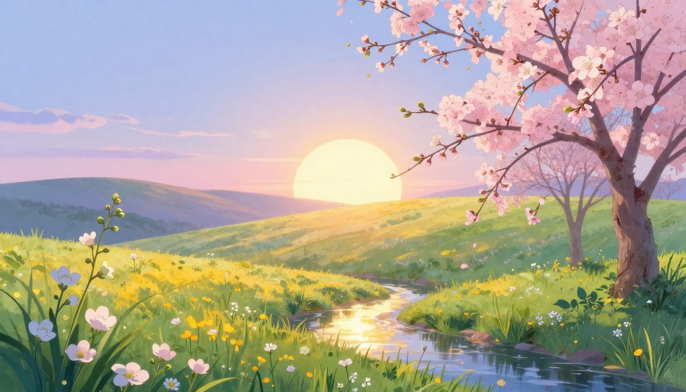 A serene landscape celebrating the vernal equinox. Half of t...