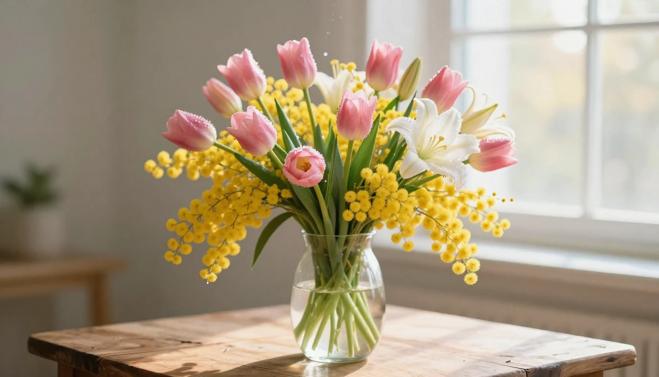 A lush and vibrant bouquet of spring flowers featuring pink ...