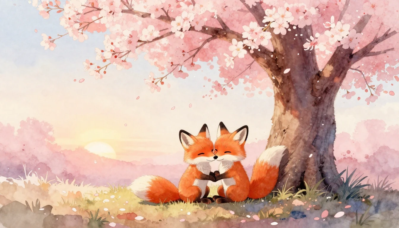 A soft and romantic watercolor painting depicting two cute f...