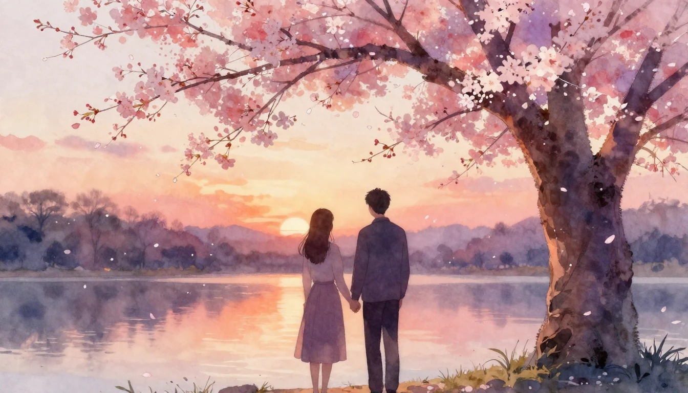 A dreamy and romantic scene featuring two silhouettes of a c...