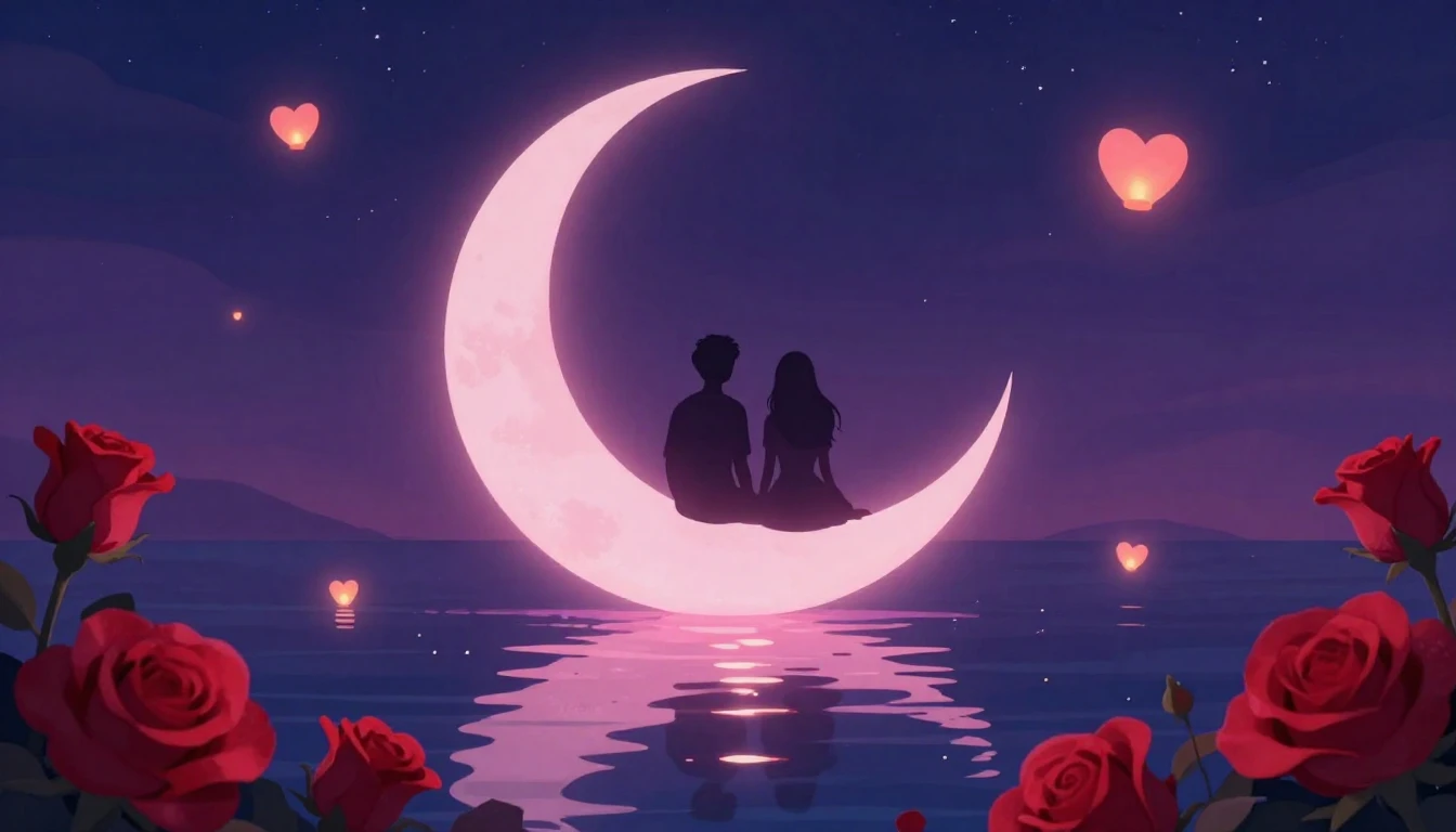 A romantic and whimsical illustration featuring two silhouet...