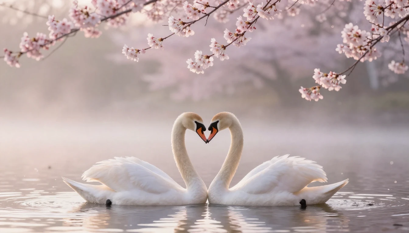 A romantic and dreamlike scene featuring two elegant swans f...