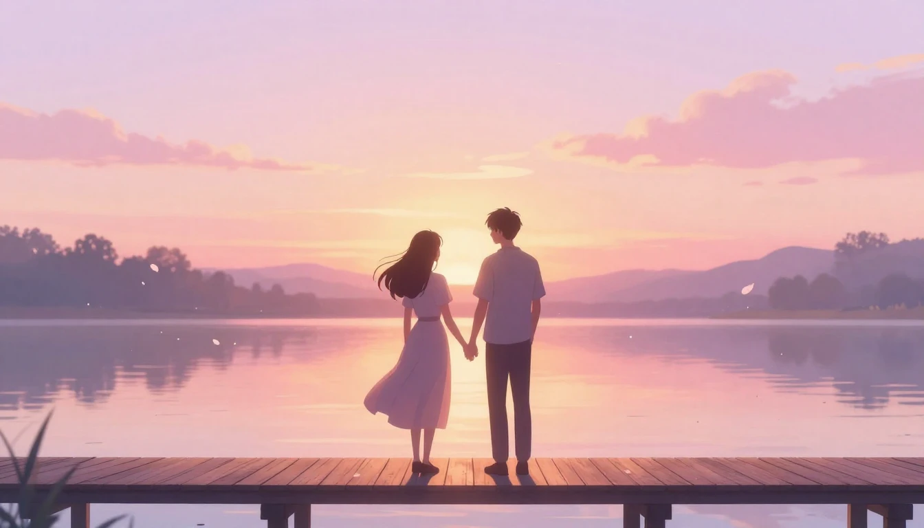 A romantic and dreamy illustration of two silhouettes standi...
