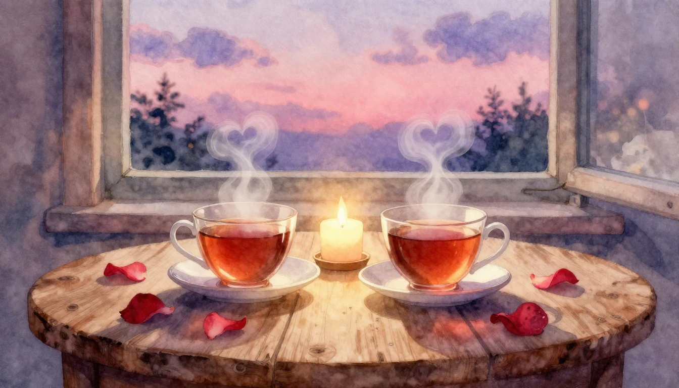 A soft and dreamy watercolor painting depicting a romantic a...