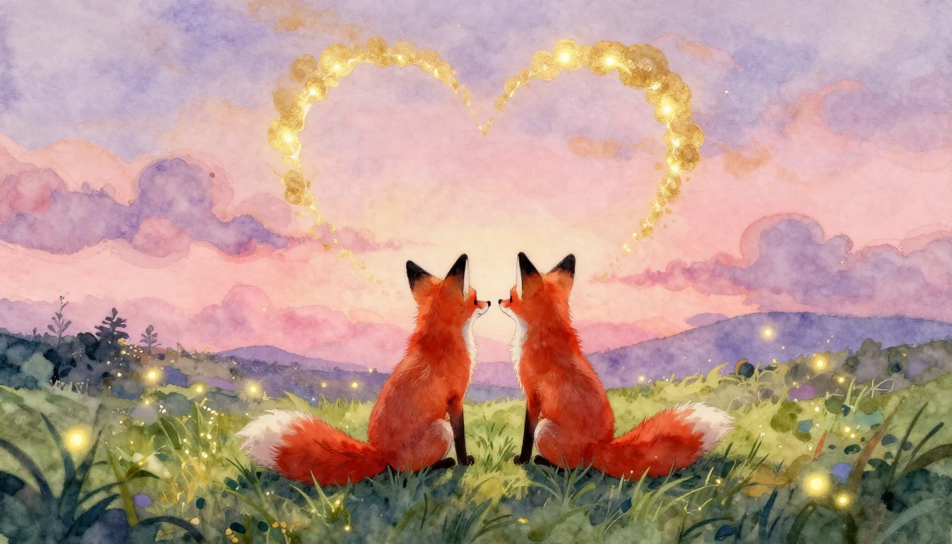 A whimsical watercolor painting of two red foxes sitting sid...