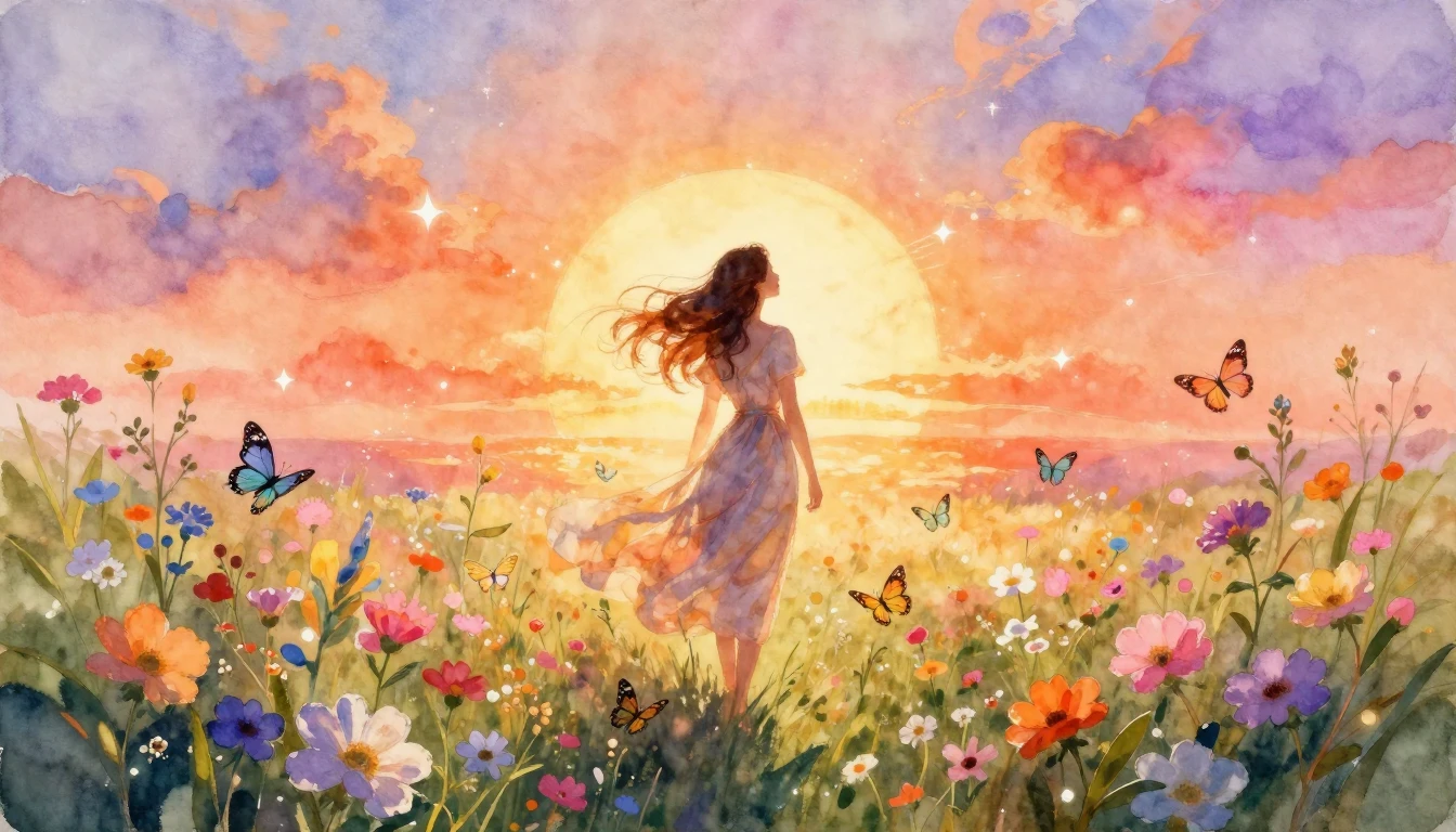 A vibrant and inspiring watercolor painting of a graceful wo...