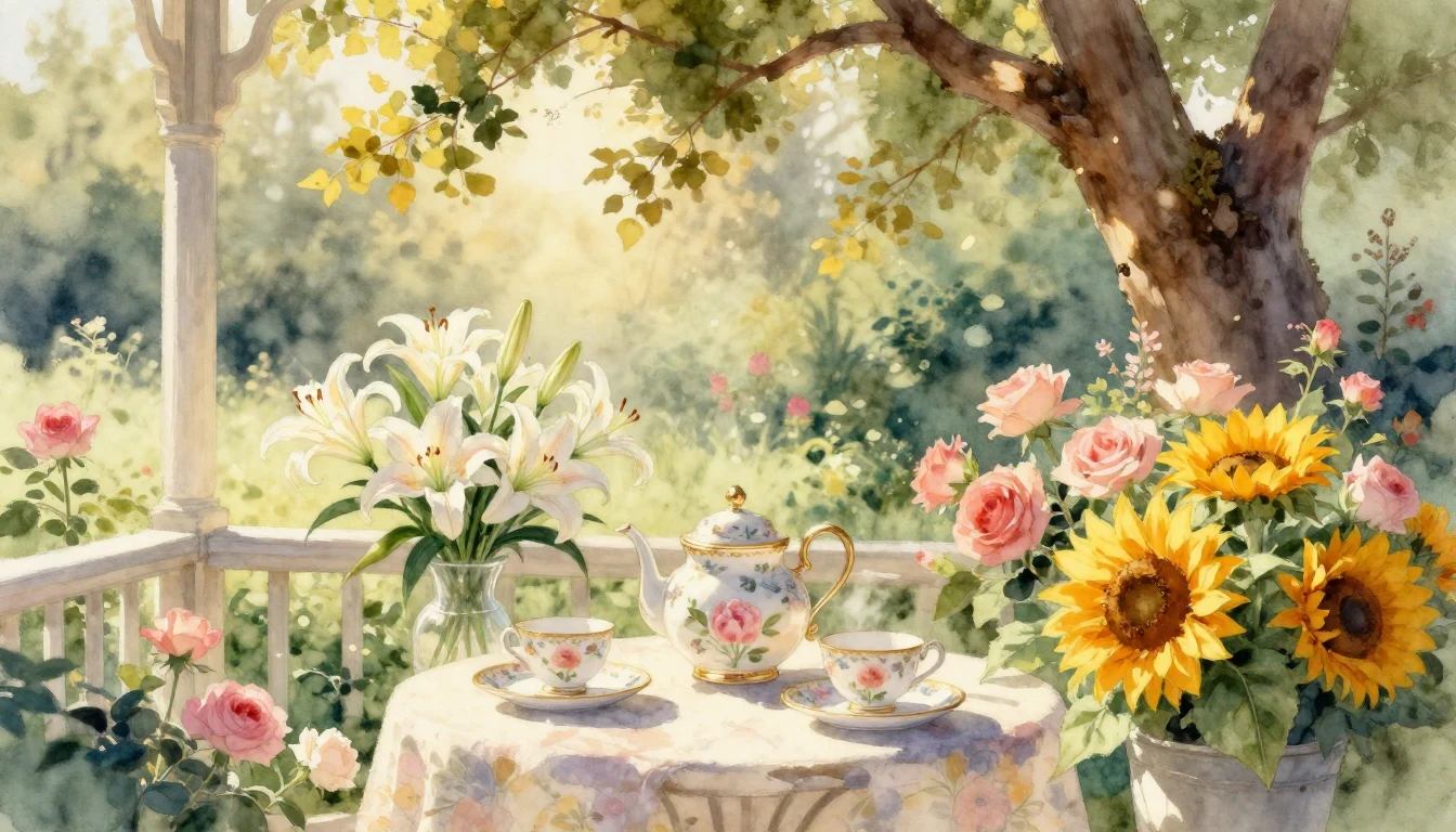 A beautiful and serene watercolor painting of a sun-drenched...