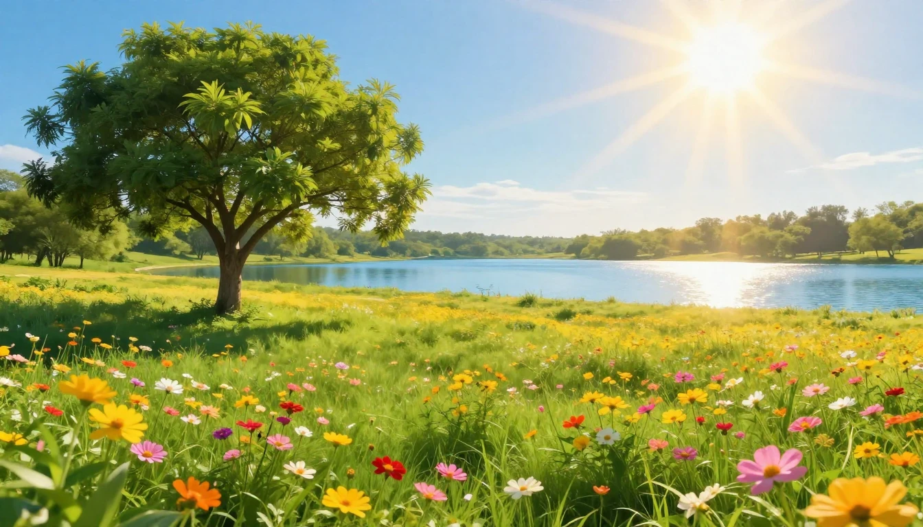 A beautiful summer landscape featuring bright golden sunrays...