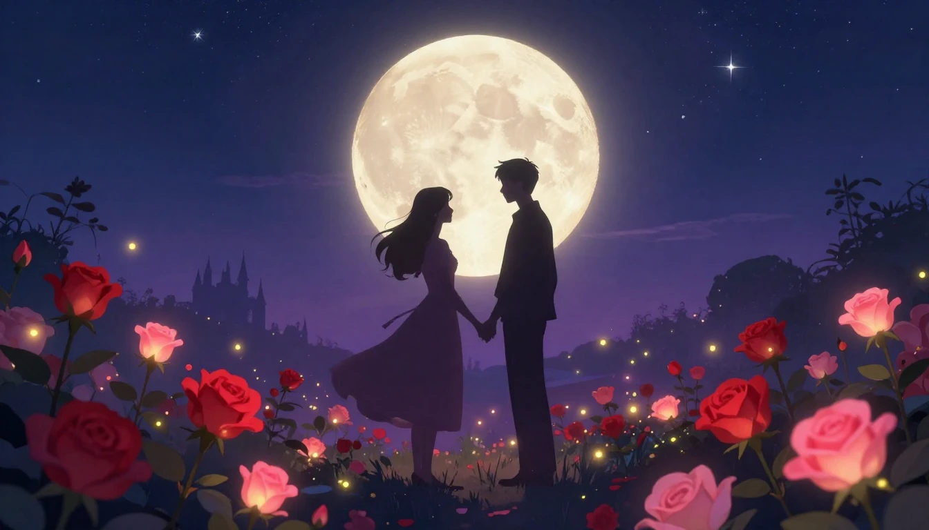 A romantic and dreamy illustration featuring a silhouette of...