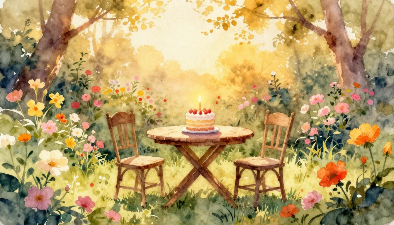 A beautiful watercolor painting of a serene garden at sunset...