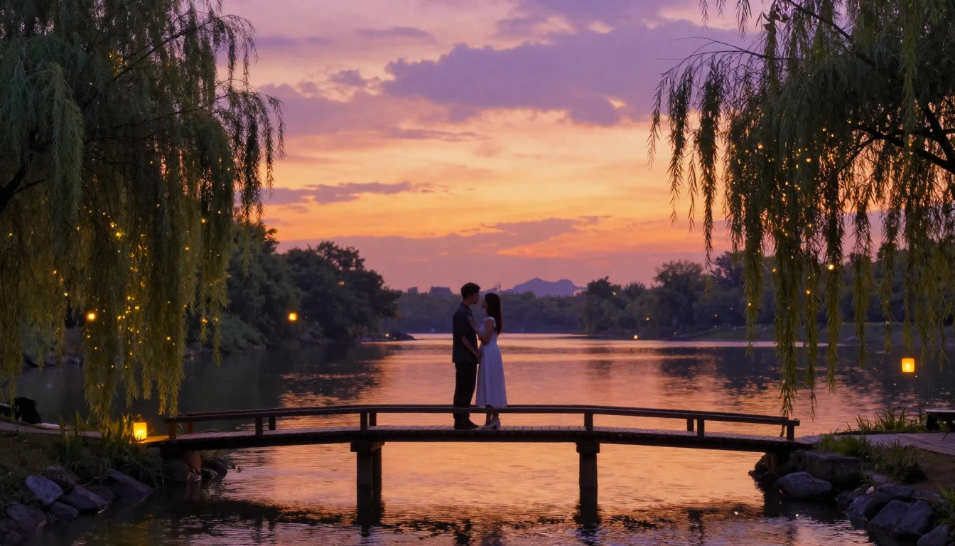 A romantic and dreamlike scene of a couple standing on a sma...