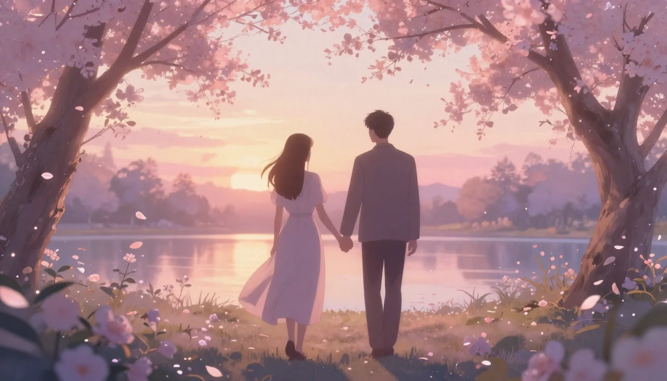 A romantic and ethereal scene featuring two silhouettes walk...