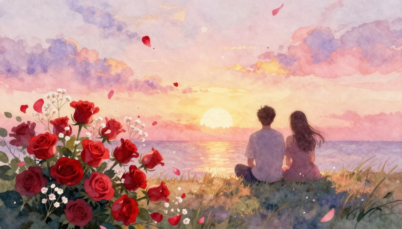A beautiful, soft watercolor painting depicting a romantic s...
