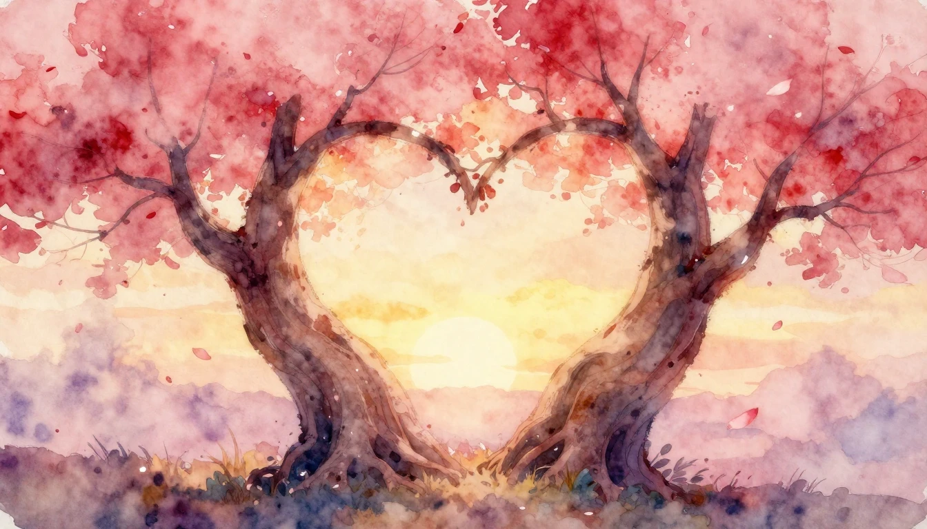 A soft and dreamy watercolor painting of two ancient trees i...