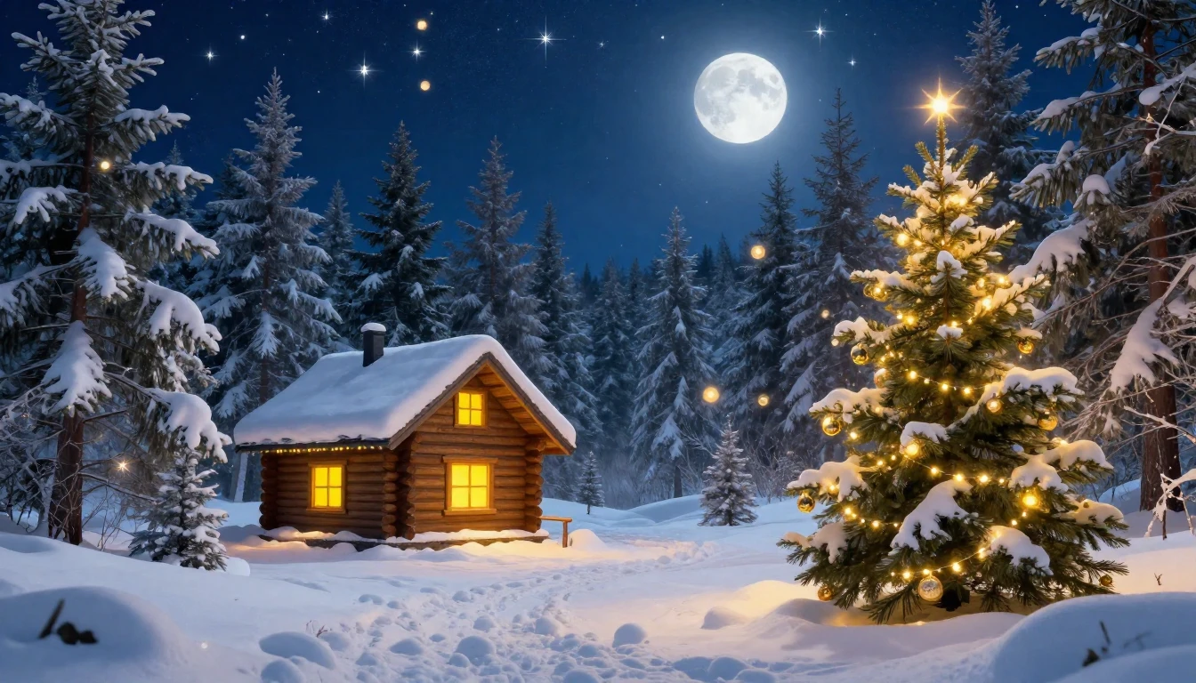 A magical winter wonderland scene at night, filled with the ...