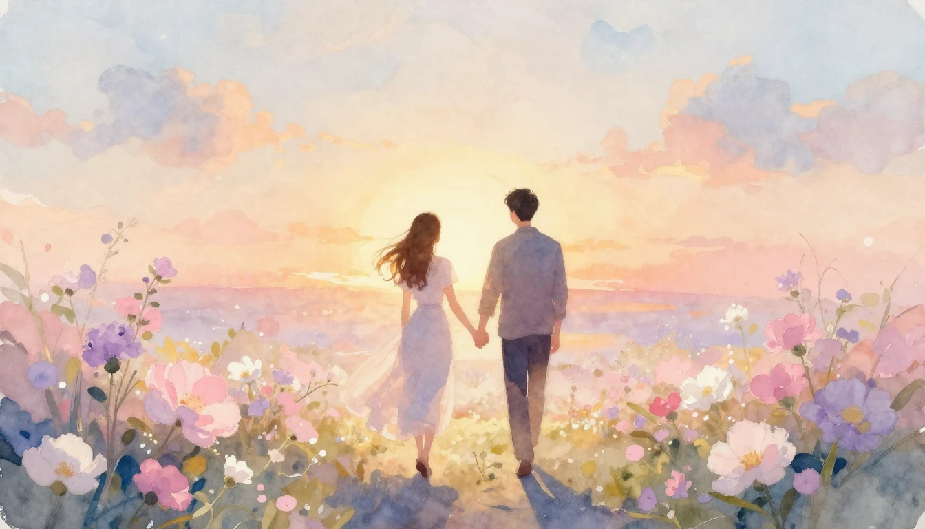 A romantic and ethereal watercolor painting depicting a coup...