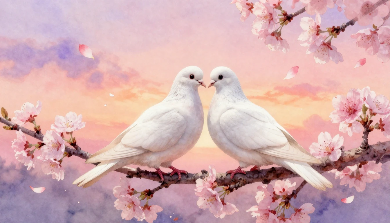 A soft, dreamy watercolor painting depicting two white doves...