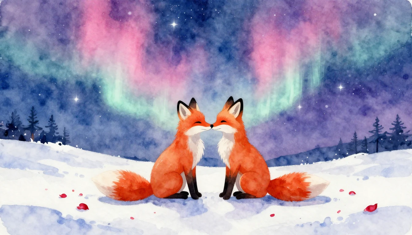 A soft and romantic watercolor painting depicting two styliz...