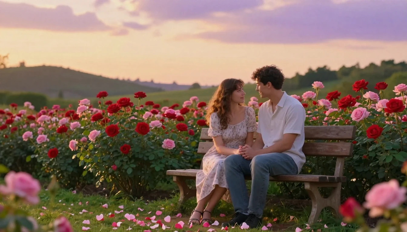 A romantic and heartwarming scene of two lovers sitting on a...