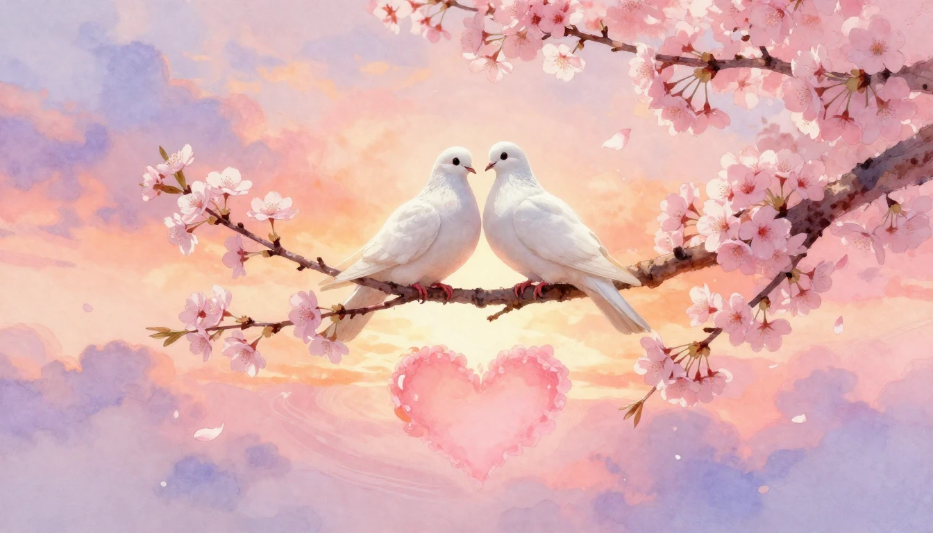 A soft, dreamy watercolor painting depicting two white doves...