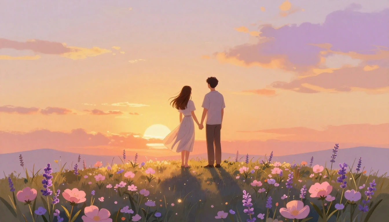 A romantic and dreamy scene of a young couple standing on a ...