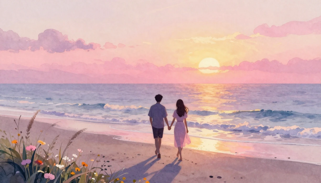 A romantic and dreamlike scene of two silhouetted figures wa...