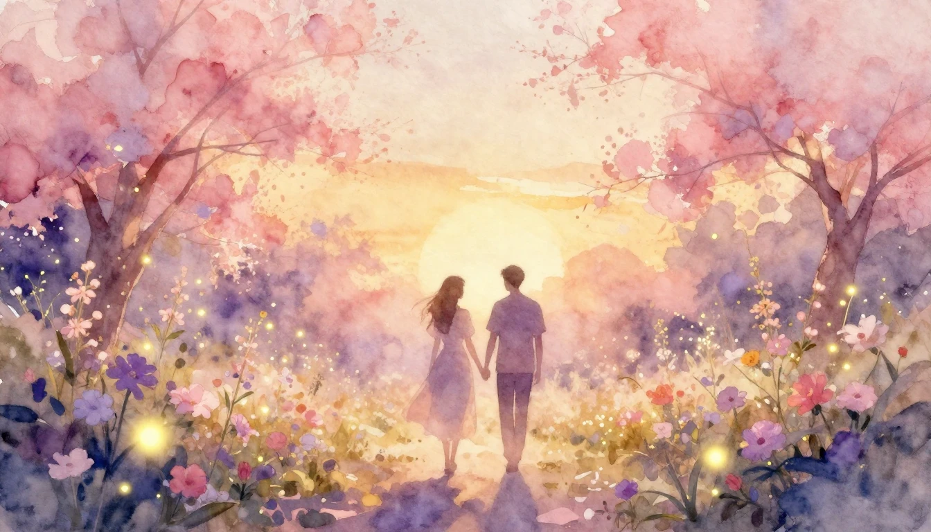 A dreamy and ethereal watercolor painting of a romantic scen...