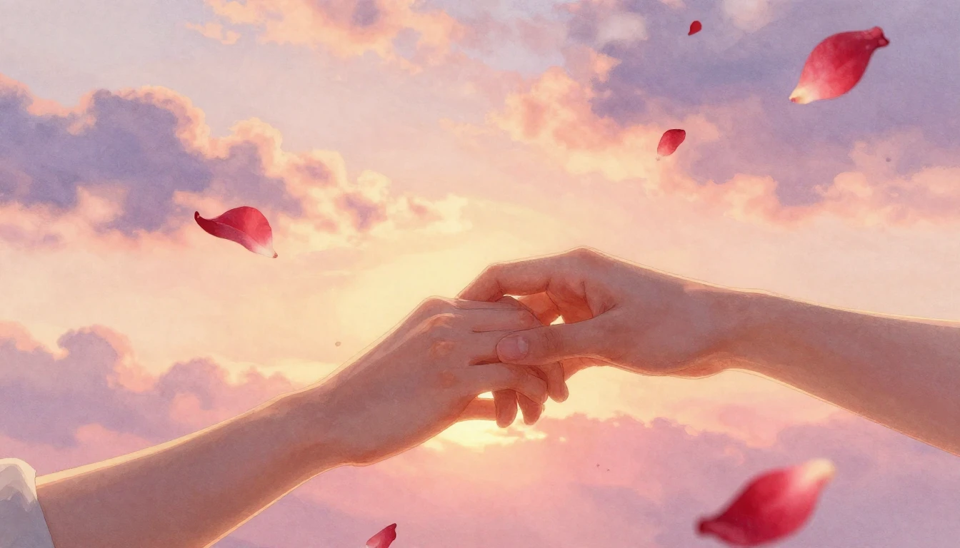 A soft and dreamy watercolor painting depicting two hands ge...