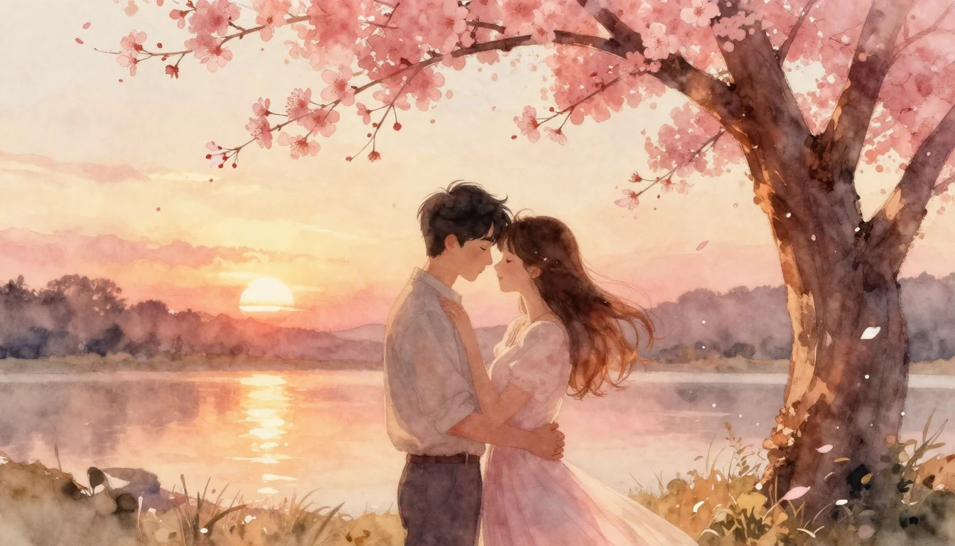 A romantic and tender scene of a couple in a warm embrace un...