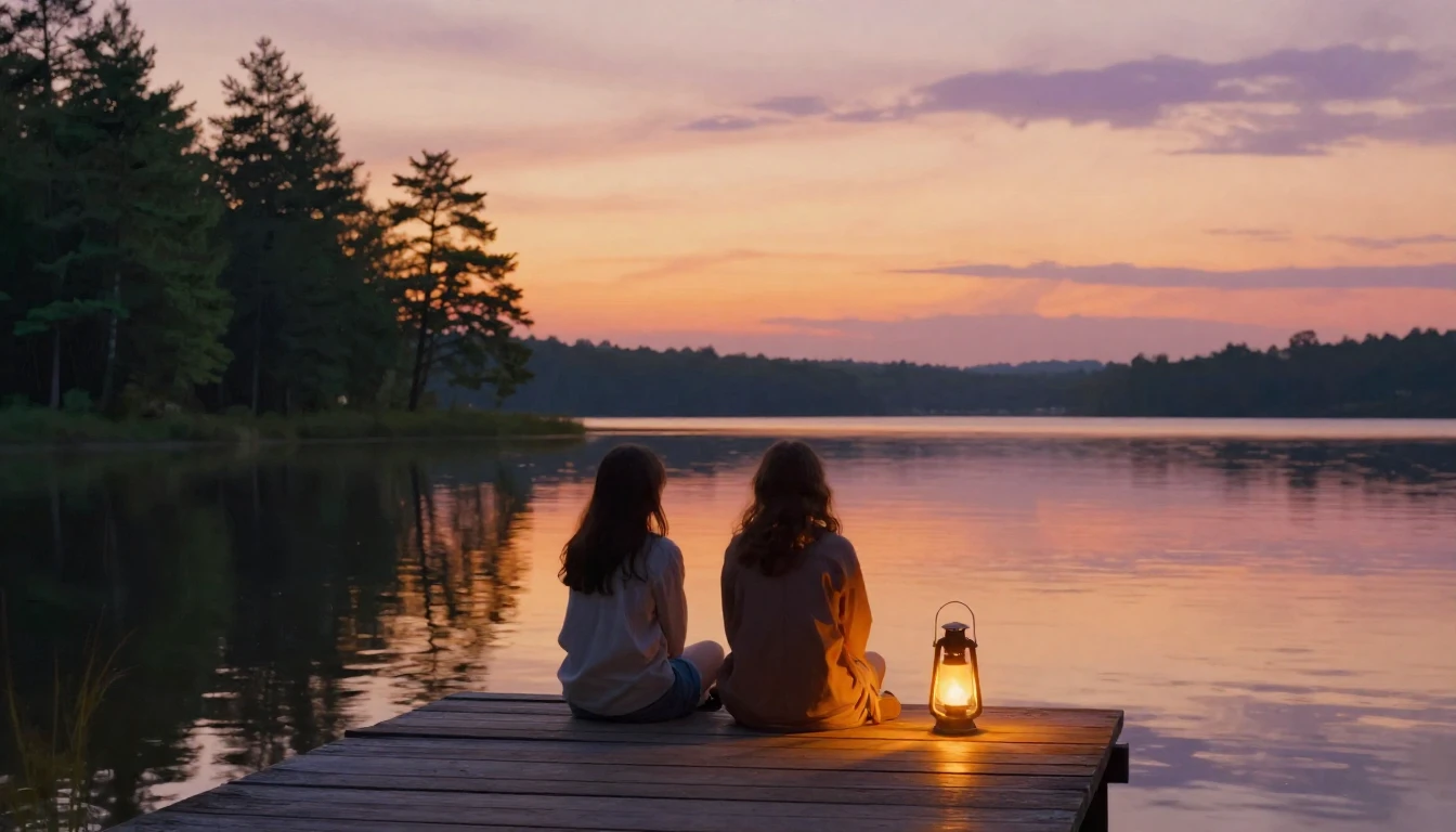 A warm and inviting scene of two friends sitting on a rustic...