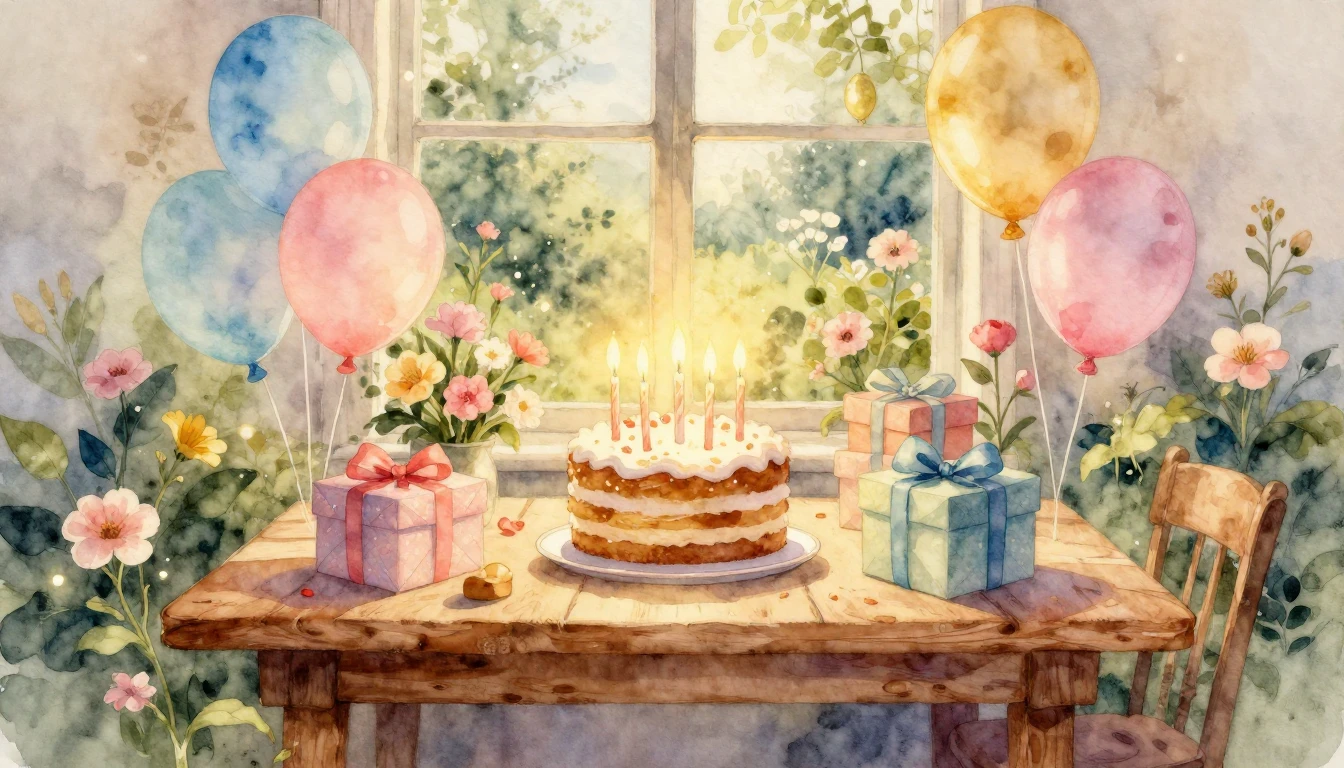 A heartwarming watercolor painting depicting a cozy birthday...