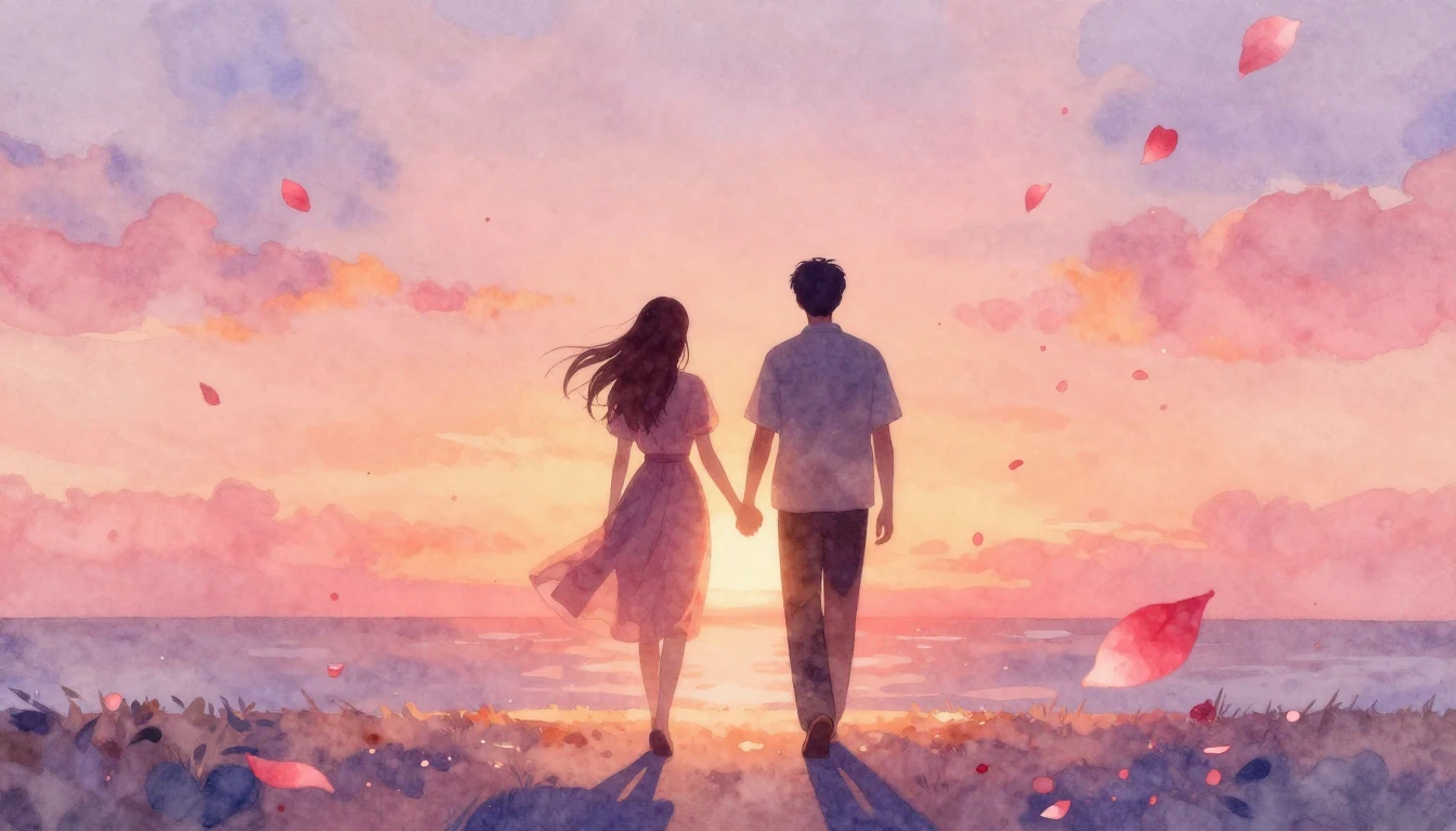 A soft and romantic watercolor painting depicting two silhou...