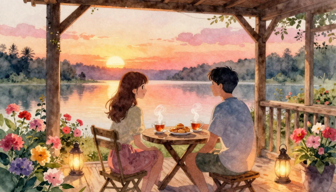 A heartwarming scene of two friends sitting on a cozy wooden...