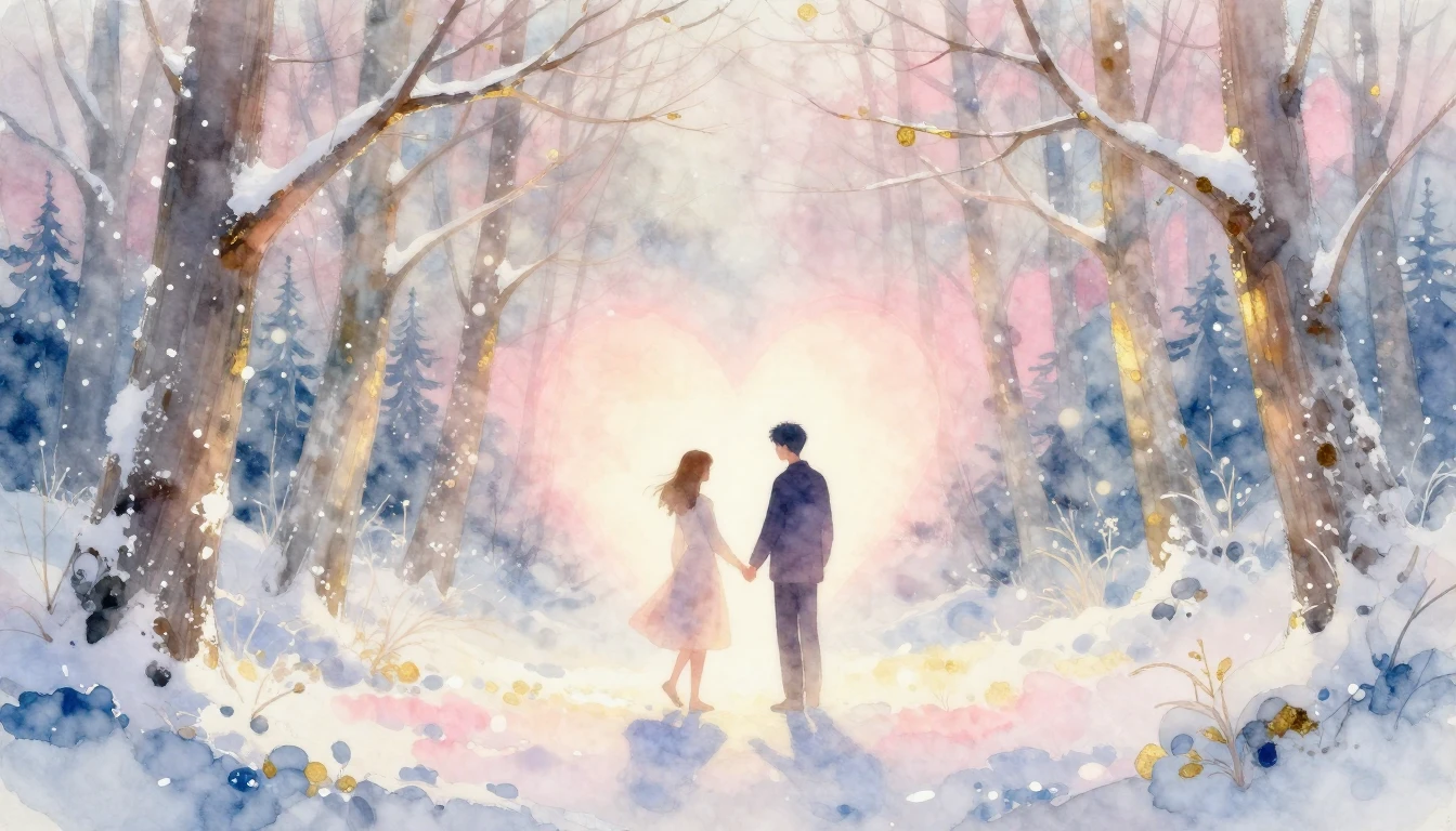 A romantic and dreamy watercolor painting depicting two silh...