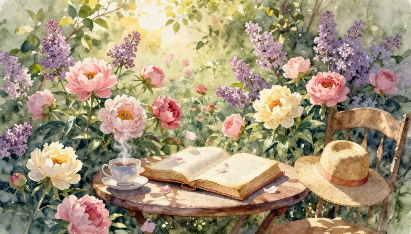 A soft and dreamy watercolor painting depicting a lush, vibr...