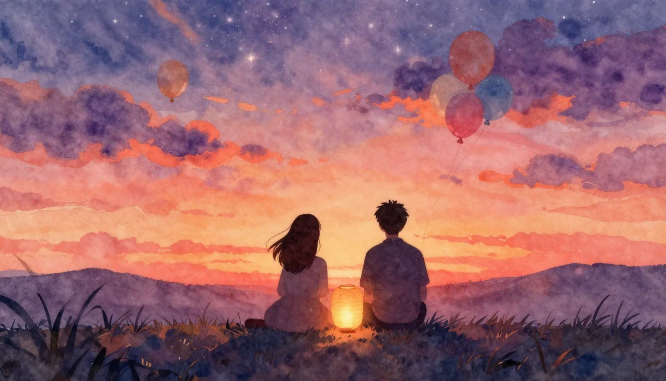 A heartwarming watercolor painting depicting two silhouette ...