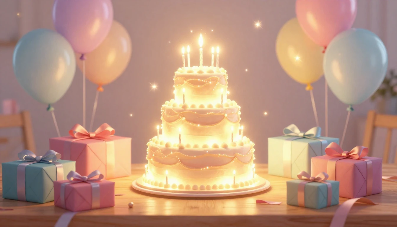 A beautiful birthday celebration scene. A festive wooden tab...