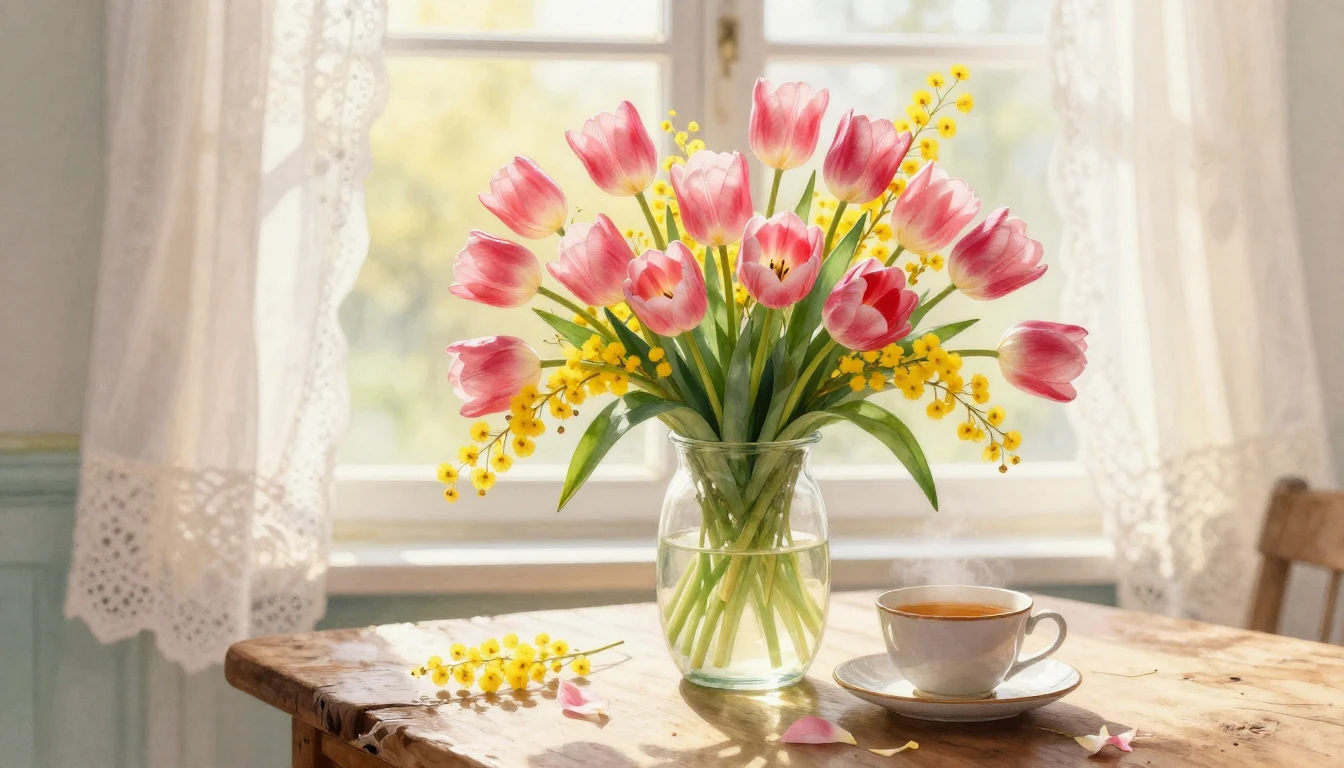 A delicate watercolor painting of a vibrant bouquet of pink ...